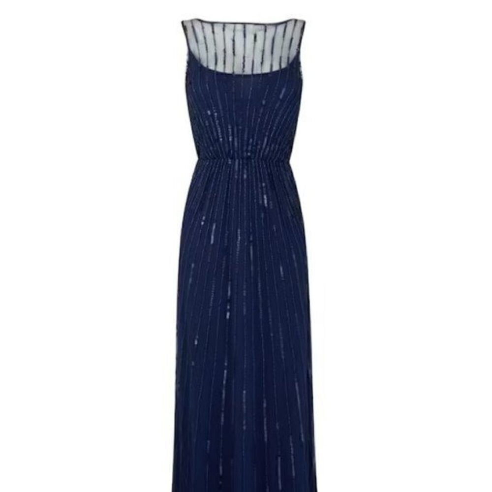 Aidan Mattox High Neck Navy Beadded Floor Length Dress - Dress for Wedding Guest